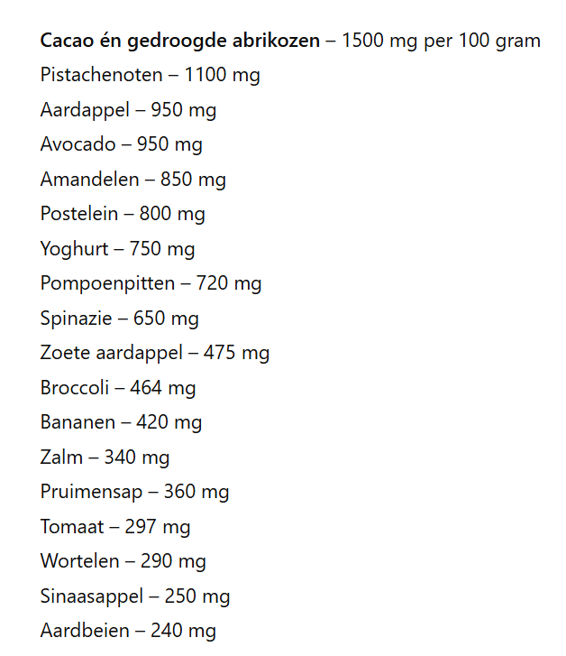 Lijst van voedingsmiddelen met kalium