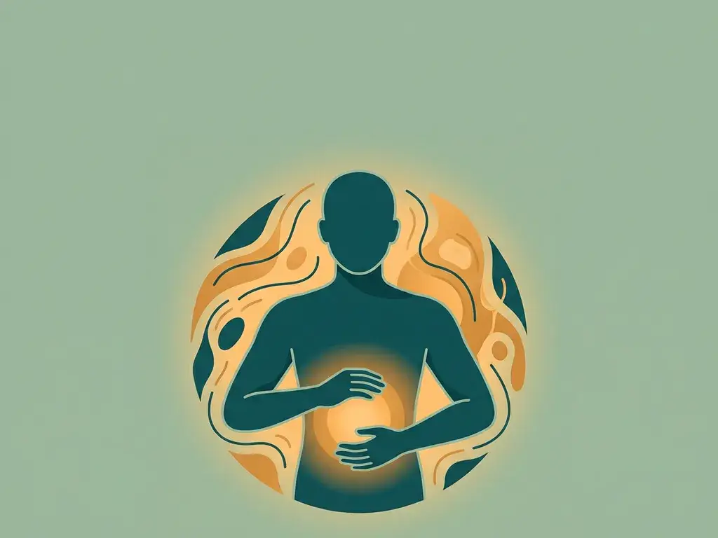 Silhouet van persoon met handen op gloeiende buik, omgeven door wervelende vormen die darmklachten symboliseren, op saliegroen.