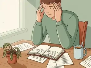 Persoon aan bureau met handen tegen slapen gedrukt, omringd door verspreide papieren en verwelkte plant, uitgeput door werkstress.