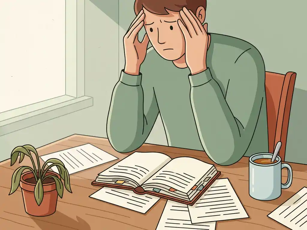 Persoon aan bureau met handen tegen slapen gedrukt, omringd door verspreide papieren en verwelkte plant, uitgeput door werkstress.
