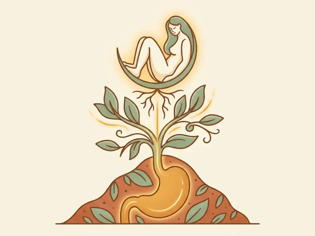 Groene plant die opgroeit uit een gezonde maag, met wortels die reiken naar een rustende menselijke figuur, symbool voor de darm-hersenas.