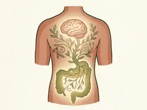 Gloeiend darmsilhouet verbonden met de hersenen via botanische wortelranken, symbool voor de darm-hersen-as en innerlijke harmonie.