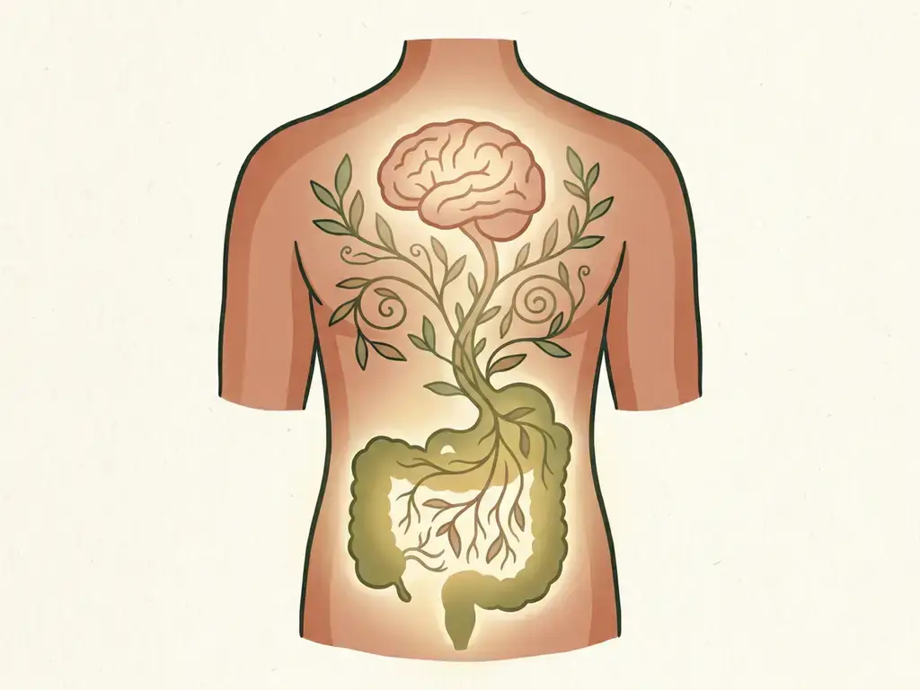 Gloeiend darmsilhouet verbonden met de hersenen via botanische wortelranken, symbool voor de darm-hersen-as en innerlijke harmonie.