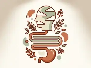 Illustratie van hersenen en darmen verbonden door een kronkelend pad, omgeven door planten in terracotta, saliegroen en crèmewit.