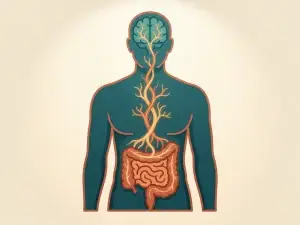 Menselijk torso silhouet met gloeiende wijnrank die darm en hersenen verbindt, wortels en neuronen vervlochten in terracotta en blauwgroen.