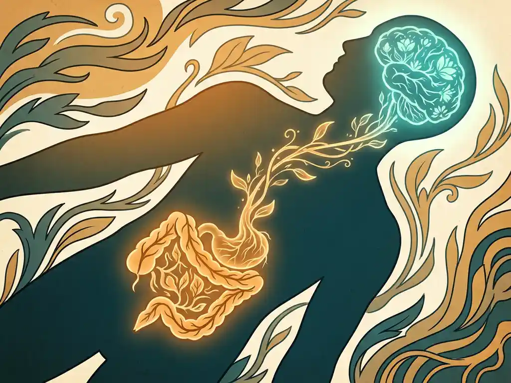 Menselijk silhouet met gloeiende darm verbonden aan een hersenen via botanische neurale baan, vlakke vectorillustratie in amber en groenblauw.