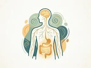 Gloeiend darmsilhouet in menselijk torso met neurale verbindingen richting hersenen, illustratie van de darm-hersen-as in amber en groenblauw.