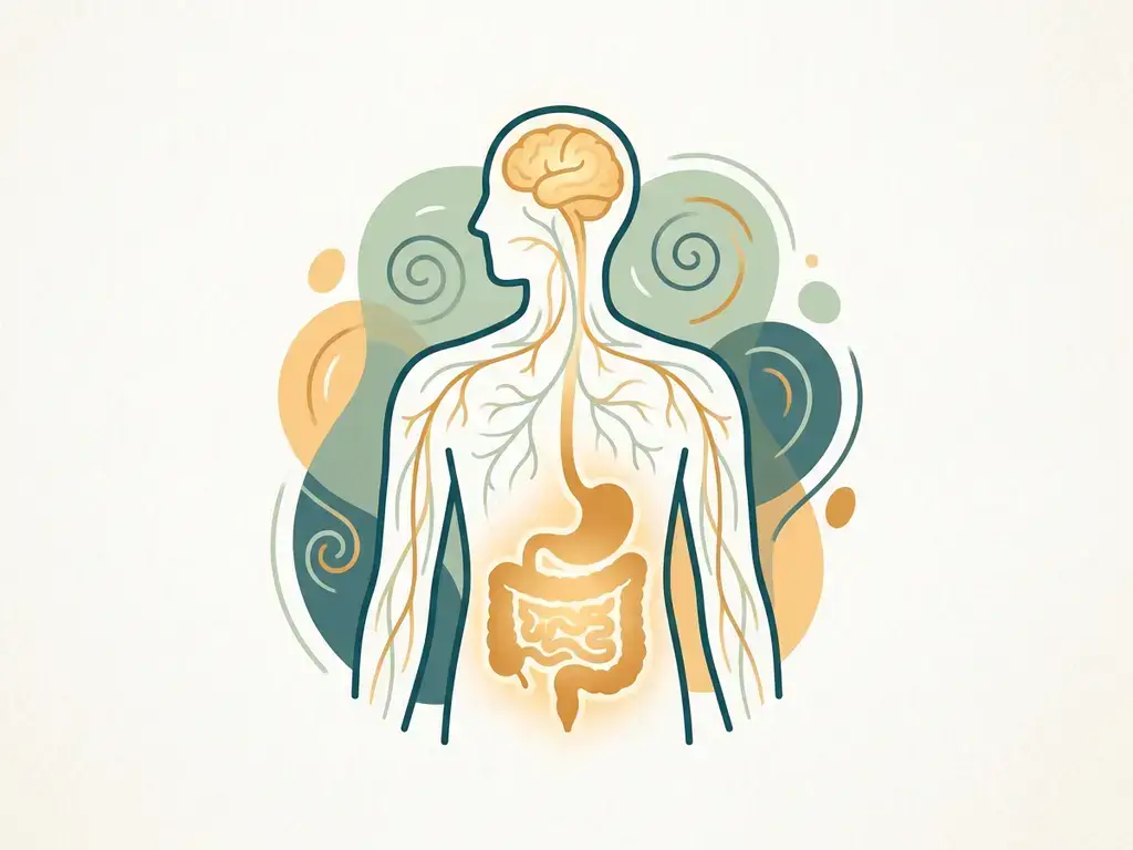 Gloeiend darmsilhouet in menselijk torso met neurale verbindingen richting hersenen, illustratie van de darm-hersen-as in amber en groenblauw.