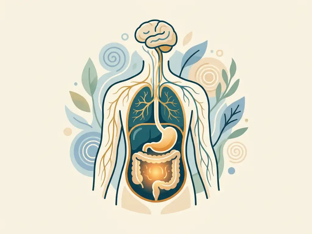 Doorsnede illustratie van menselijke darm met neurale verbindingen die zich vertakken naar een rustige hersenen, in teal en amber tinten.