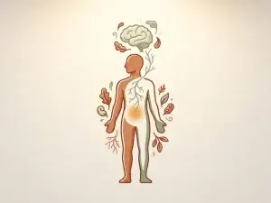 Menselijk silhouet met gloeiende darmzone verbonden via zenuwbaan aan hersenen, omgeven door botanische elementen in terracotta en saliegroen.