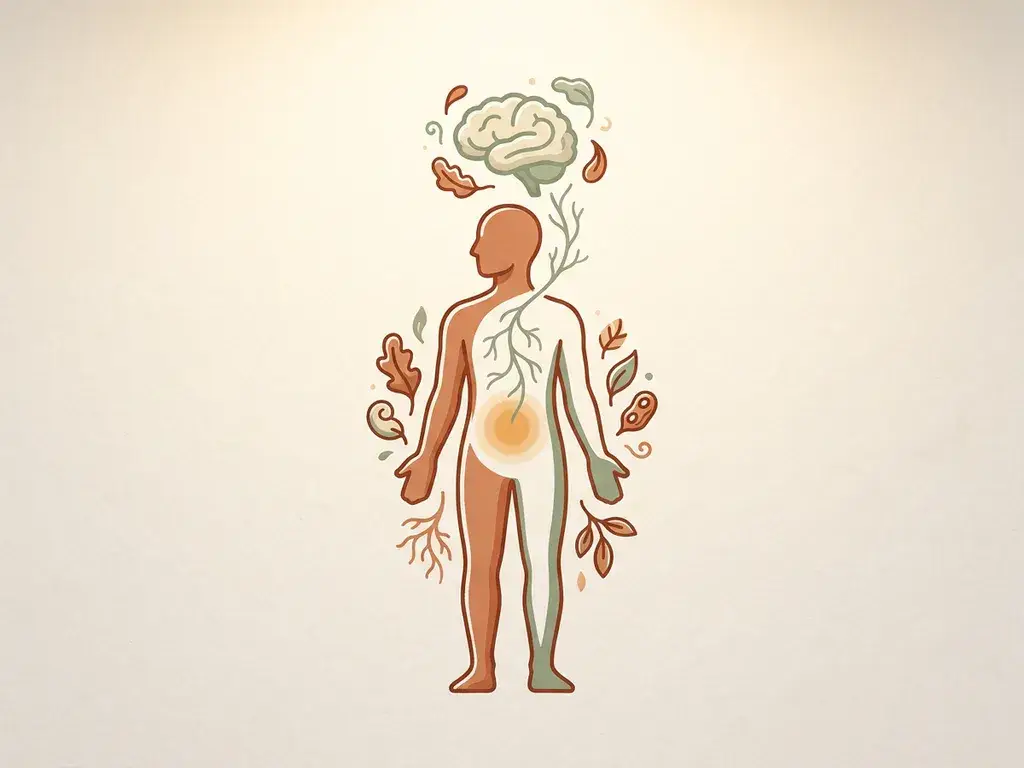 Menselijk silhouet met gloeiende darmzone verbonden via zenuwbaan aan hersenen, omgeven door botanische elementen in terracotta en saliegroen.