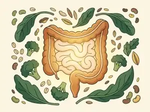 Doorsnede van een gezonde darm omringd door groene bladgroenten en vezelrijke voeding, met warm gouden licht vanuit de darmwand.