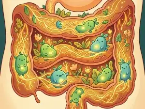 Dwarsdoorsnede van een menselijke darm als tuin, met gloeiende prebiotische wortels die vriendelijke probiotische bacteriën voeden in warme amber- en groentinten.