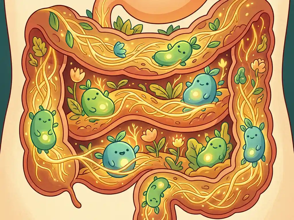 Dwarsdoorsnede van een menselijke darm als tuin, met gloeiende prebiotische wortels die vriendelijke probiotische bacteriën voeden in warme amber- en groentinten.