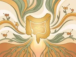 Gloeiend gouden darmsilhouet omringd door plantenwortels, golflijnen en serotonine-moleculen in amber, saliegroen en crème.