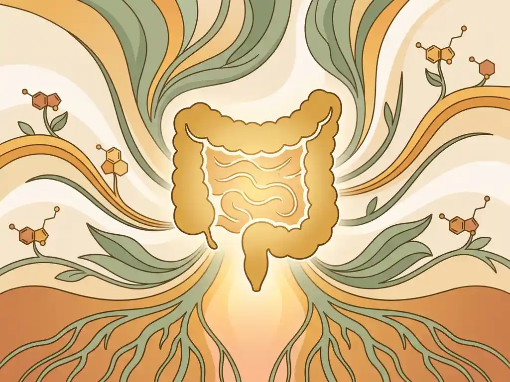 Gloeiend gouden darmsilhouet omringd door plantenwortels, golflijnen en serotonine-moleculen in amber, saliegroen en crème.