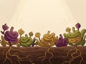 Kleurrijke darmvormige planten in bloei boven een doorsnede van donkere aarde met vertakte wortelsystemen, in groene, paarse en gouden tinten.