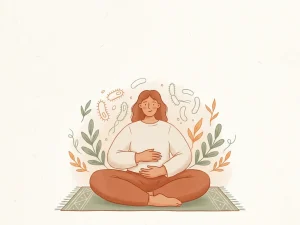 Persoon zittend in kleermakerszit op yogamat met handen op buik, omringd door illustraties van darmflora en botanische bladeren.