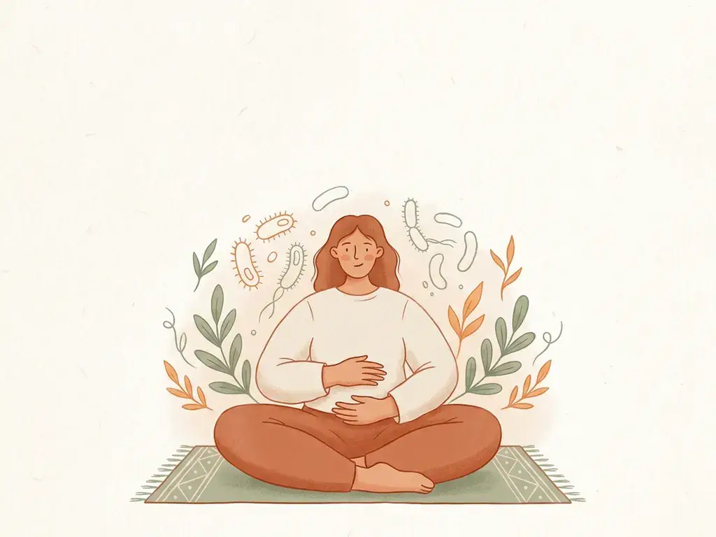 Persoon zittend in kleermakerszit op yogamat met handen op buik, omringd door illustraties van darmflora en botanische bladeren.
