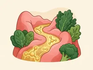 Geïllustreerde dwarsdoorsnede van een gezonde darm met gouden butyraat-moleculen en groene vezelbronnen in warme, levendige kleuren.