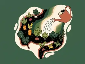 Darmvormige tuin met kleurrijke groenten, kruiden en bladgroenten in vruchtbare aarde, begoten met een gieter in vlakke vectorillustratiestijl.