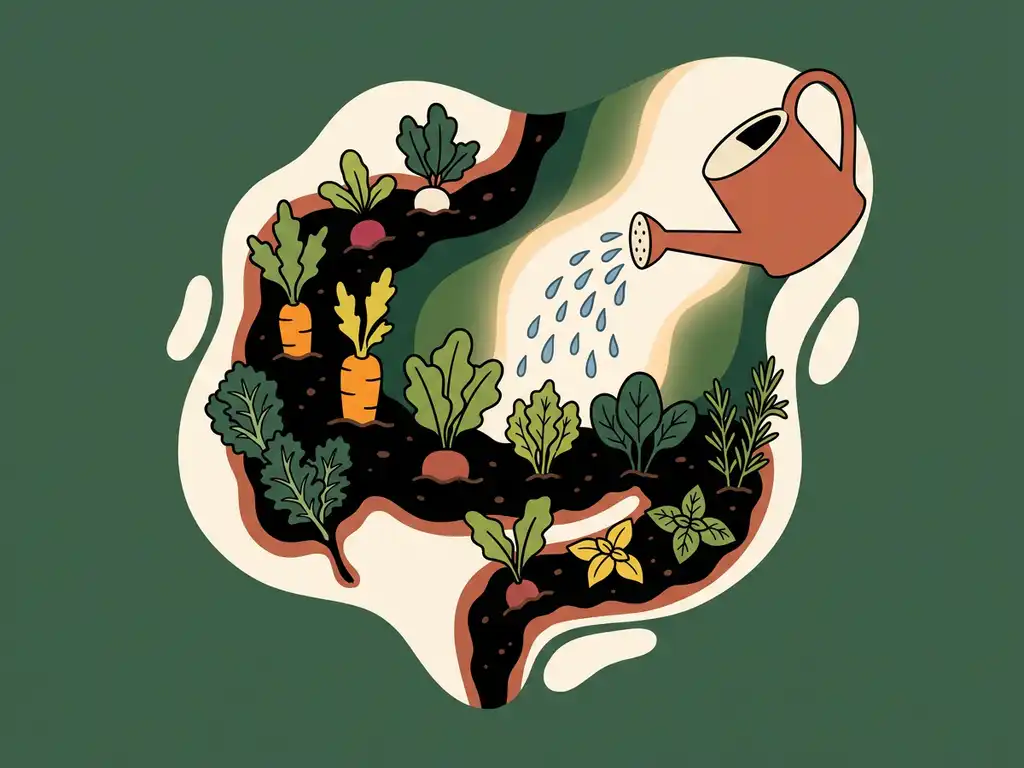 Darmvormige tuin met kleurrijke groenten, kruiden en bladgroenten in vruchtbare aarde, begoten met een gieter in vlakke vectorillustratiestijl.
