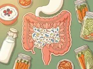 Doorsnede van een gezonde darm met kleurrijke bacteriën als bloemetjes, omringd door yoghurt, kefir en gefermenteerde groenten.