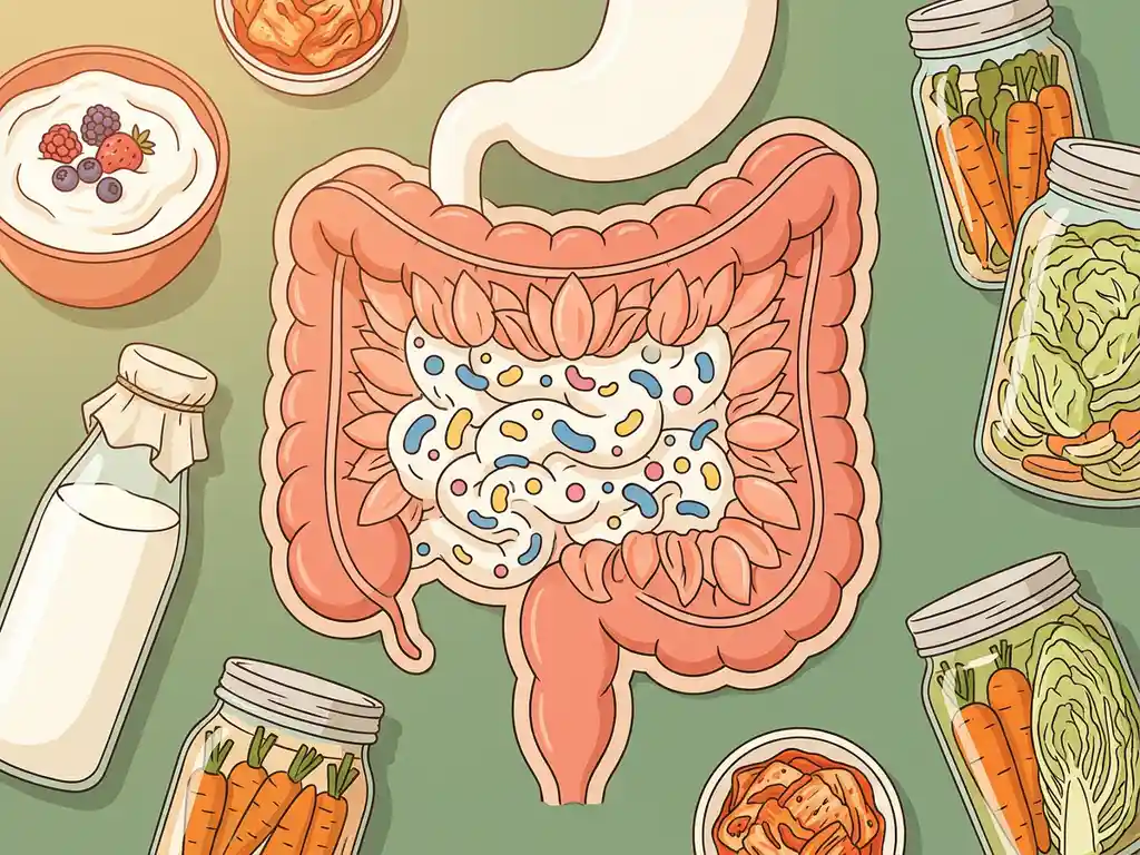 Doorsnede van een gezonde darm met kleurrijke bacteriën als bloemetjes, omringd door yoghurt, kefir en gefermenteerde groenten.