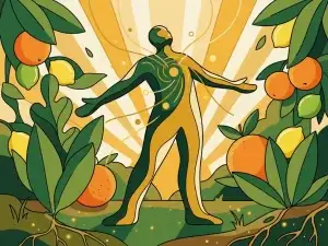 Persoon met gespreide armen omringd door groene bladeren, citrusvruchten en gouden zonnestralen, vlakke vectorillustratie.