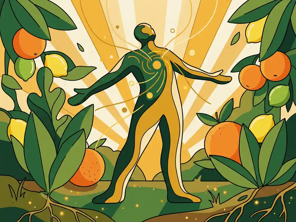 Persoon met gespreide armen omringd door groene bladeren, citrusvruchten en gouden zonnestralen, vlakke vectorillustratie.