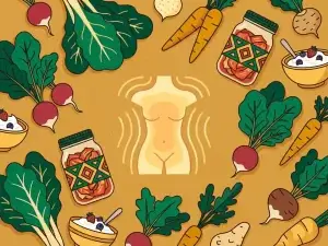 Gloeiend menselijk torsosilhouet omringd door kimchipotten, yoghurtkommetjes en bladgroenten in warme aardtinten.