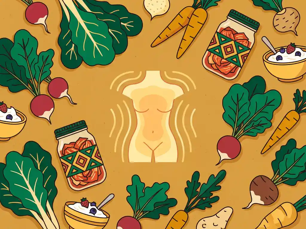 Gloeiend menselijk torsosilhouet omringd door kimchipotten, yoghurtkommetjes en bladgroenten in warme aardtinten.