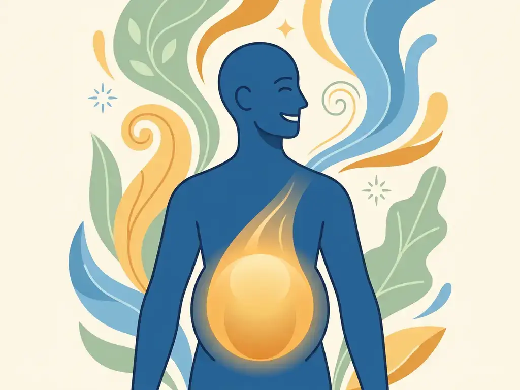 Menselijk silhouet met gloeiende buikzone en vredige uitdrukking, omringd door organische vormen die darmgezondheid en innerlijk evenwicht symboliseren.