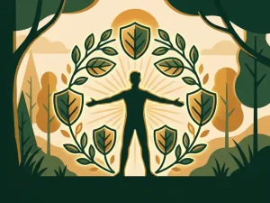 Mens met gespreide armen omringd door gloeiende bladeren en botanische elementen, warme zonnestralen, uitstralend kracht en vitaliteit.