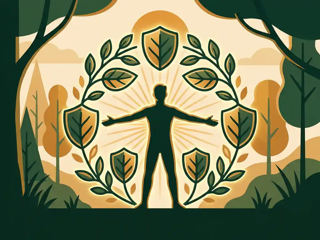 Mens met gespreide armen omringd door gloeiende bladeren en botanische elementen, warme zonnestralen, uitstralend kracht en vitaliteit.