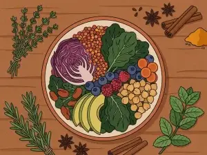 Kleurrijke kom met gefermenteerde groenten, bladgroenten, bessen en peulvruchten op een houten ondergrond met verse kruiden.