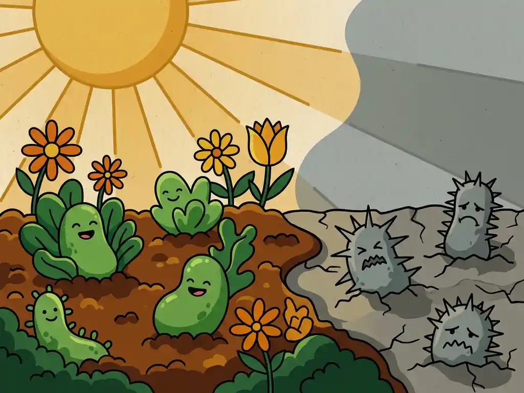 Vriendelijke groene bacteriën in zonnige tuingrond naast verwelkte grijze schadelijke bacteriën, vlakke vectorillustratie.