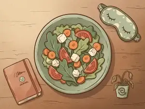 Groentesalade omringd door stressdagboek, slaapmasker en verwelkte plant als symbolen van gewichtstoename op houten ondergrond.