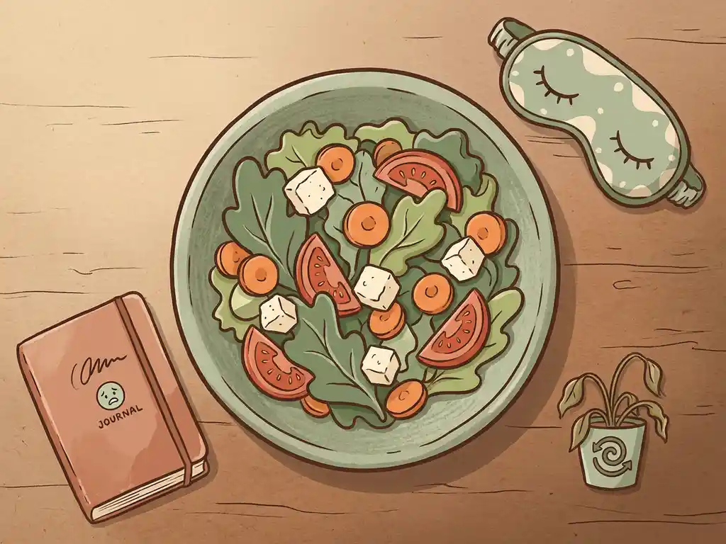 Groentesalade omringd door stressdagboek, slaapmasker en verwelkte plant als symbolen van gewichtstoename op houten ondergrond.