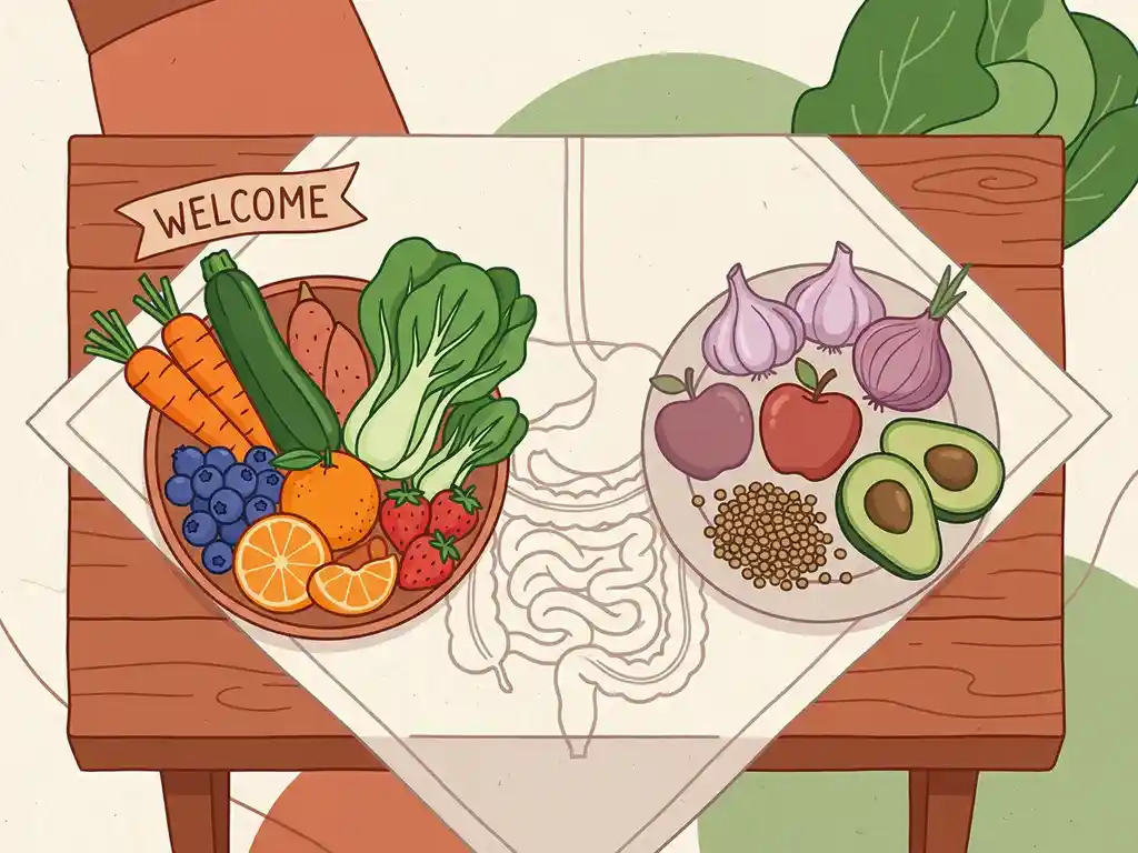 Kleurrijke selectie van low-FODMAP en high-FODMAP voedingsmiddelen op een rustieke houten tafel, bovenaanzicht met vlakke vectorstijl.
