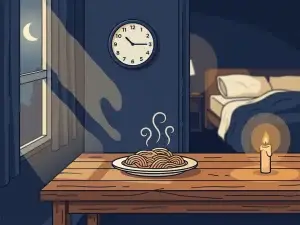 Dampend bord pasta op een donkere keukentafel 's avonds laat, wandklok na tienen, maanlicht door het raam, vectorillustratie.