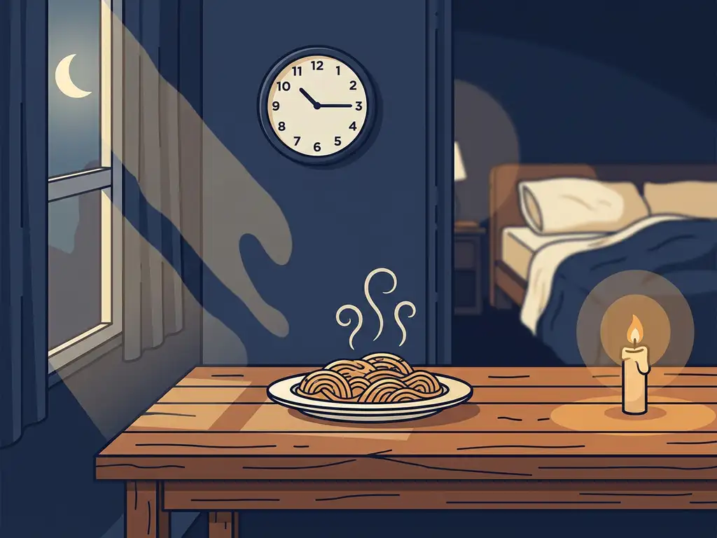 Dampend bord pasta op een donkere keukentafel 's avonds laat, wandklok na tienen, maanlicht door het raam, vectorillustratie.