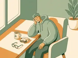 Persoon slaperig onderuitgezakt in stoel aan houten bureau met half opgegeten lunch en kruidenthee, warm middaglicht.