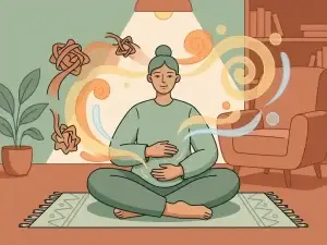 Persoon zit gekruisbeens op yogamat met handen op buik, omgeven door zachte wervelende vormen die spanning omzetten in rust.