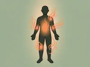Menselijk silhouet met gloeiende amber warmte bij buik en gewrichten, vlamachtige slierten op saliegroen achtergrond.
