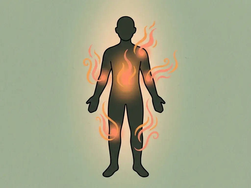 Menselijk silhouet met gloeiende amber warmte bij buik en gewrichten, vlamachtige slierten op saliegroen achtergrond.