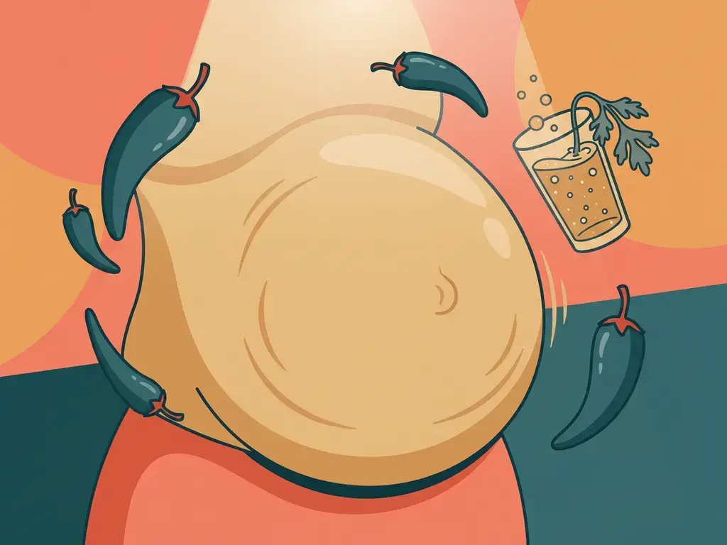 Opgeblazen buik omringd door chilipepers, bruisend water en een verwelkt kruidentakje, illustratie over spijsverteringsklachten.