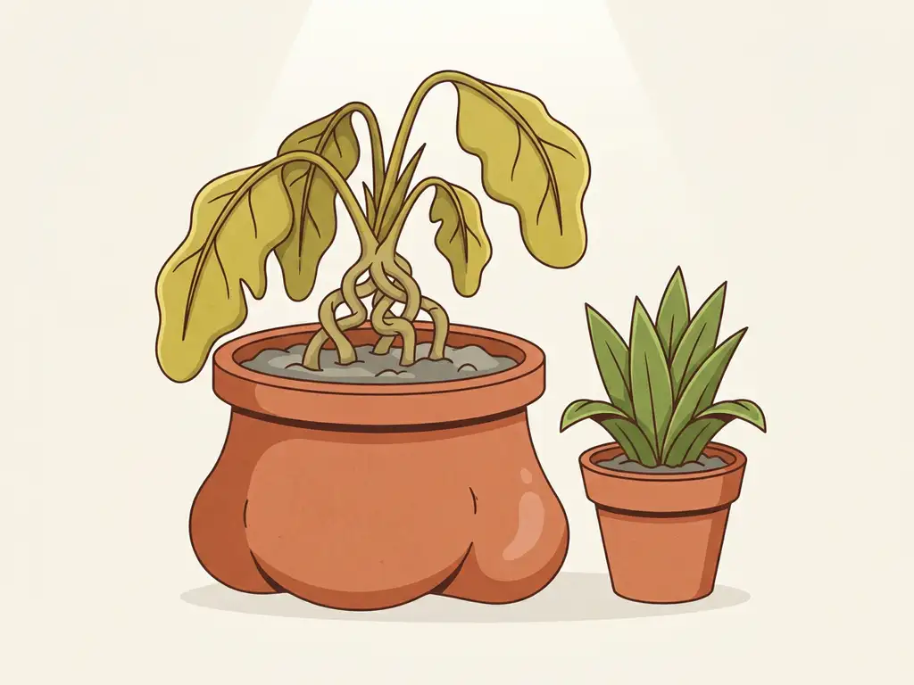 Verwelkte plant in terracotta pot symboliseert een opgeblazen buik, naast een gezonde groene plant met levendige bladeren.