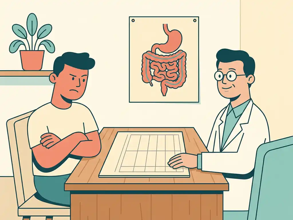 Gefrustreerde patiënt tegenover kalme arts in kliniek, leeg diagnostisch formulier op bureau, darmillustratie aan muur.