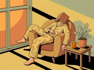 Persoon sluimerend in fauteuil met warme middagzon door raam, onaangeroerde kruidenthee op bijzettafel en kleine kamerplant.